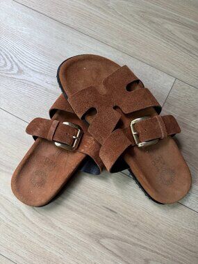 ATE NEO Handmade Greek Brown Suede Slide Sandals Gold Buckle EU 39